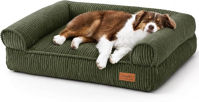 FUKUMARU Cute Dog Bed, Waterproof Corduroy Dogs Couch, 36in Orthopedic Pet Sofa for Medium to Large Dogs Dog, Warm Cotton Pet Bed with Washable Cover, Green