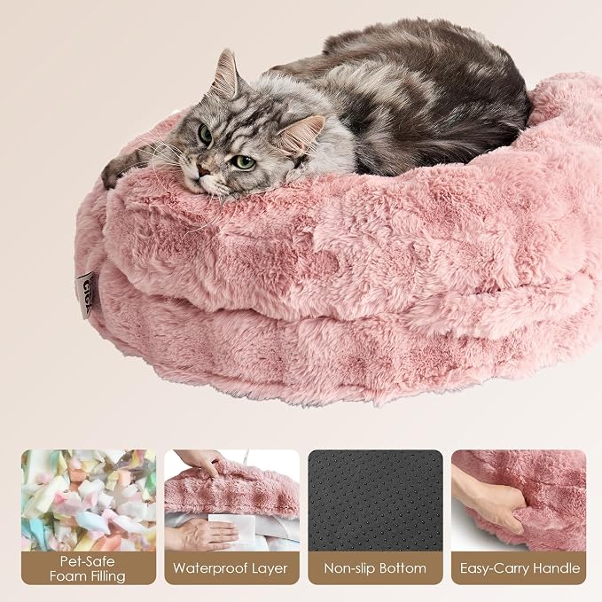 EHEYCIGA Soft Cat Couch Bed for Indoor Cats, Fluffy Small Dog Bed with Removable Washable Cover, Bolster Pet Sofa, Waterproof and Non-Slip, 23" x 23"x 7", Pink