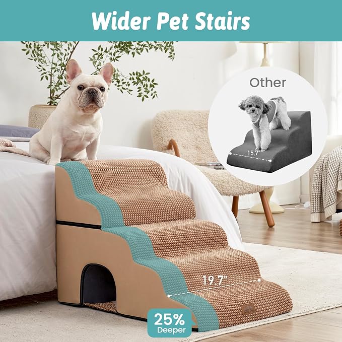 COZY KISS Extra Wide Dog Stairs with Tunnel, Detachable Large Pet Step for Small Medium Dog, Puppy or Cat, Ramp for High Bed, Couch, Sofa or Car, Stable, 19.7x33x22.4 inch, 5 Step, Light Brown
