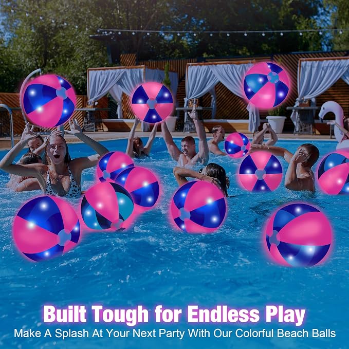 MiniInflat 12 Pcs Light up Beach Balls 16'' Jumbo Pool LED Balls Glow in the Dark Neon Giant Inflatable for Summer Hawaiian Tropical Theme Beach Party Decor Water Accessory (Pink)