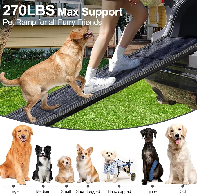 71" Extra Long Dog Ramp for Car Portable Sturdy Dog Ramps for Large Dogs with Non-Slip Rug Surface Dog Car Ramp for SUV Car & Truck, Outdoor Dog Ramp Up to 270LBS