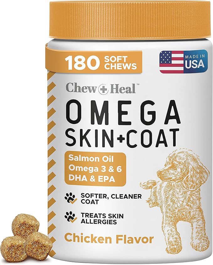 Omega 3 Fish Oil for Dogs - 180 Soft Chews - Itch Relief, Shedding & Hot Spots - Dog Allergy Relief - Salmon Oil Skin & Coat Supplement - EPA DHA - Chicken Flavor - Made in USA | Chew + Heal
