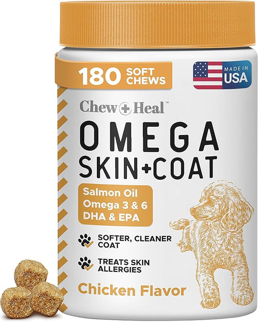 Omega 3 Fish Oil for Dogs - 180 Soft Chews - Itch Relief, Shedding & Hot Spots - Dog Allergy Relief - Salmon Oil Skin & Coat Supplement - EPA DHA - Chicken Flavor - Made in USA | Chew + Heal