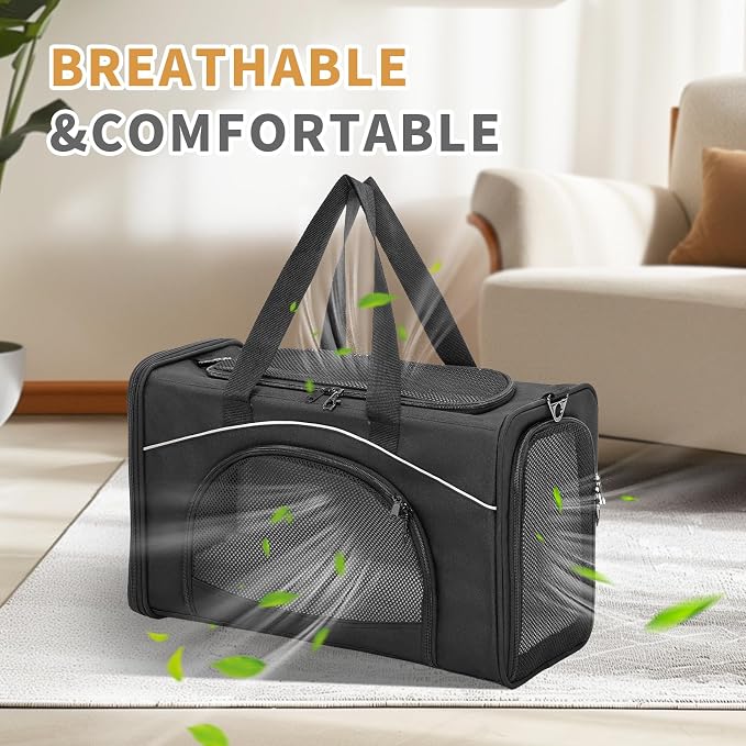 Petsfit Airline Approved Pet Carrier for Small Cats, 16.5x8.6x11 TSA Approved Carrier, with Removable Dual-Sided Padding (2-Way Placement) - Fits Under Most Airplane Seats, Escape Proof (Black)