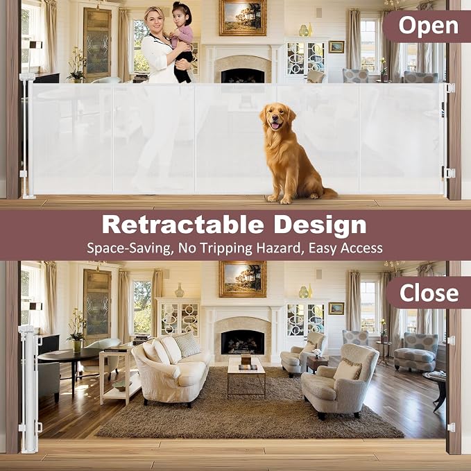 Reinforced 41" Extra Tall Retractable Baby Gates Extra Wide 120" Retractable Dog Gate with Support Rods, Indoor Mesh Baby Gate Retractable Gate Outdoor Extra Tall Dog Gate for Large Openings, White