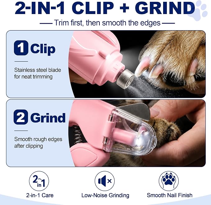 2-in-1 Dog Nail Clippers with Light - Electric Pet Nail Grinder Quiet for Small Large Dogs & Cats, LED Prevent Over Cutting, USB-C Rechargeable Safety Guard Grooming Kit for Black Nails, Pink