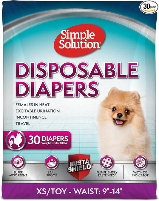 Simple Solution Disposable Dog Diapers, Female Dog Diapers, Puppy Potty Training, Incontinence and Heat Cycle Protection, Extra Small Diapers for Dogs, 9-14 Inch Waist, 30 Count