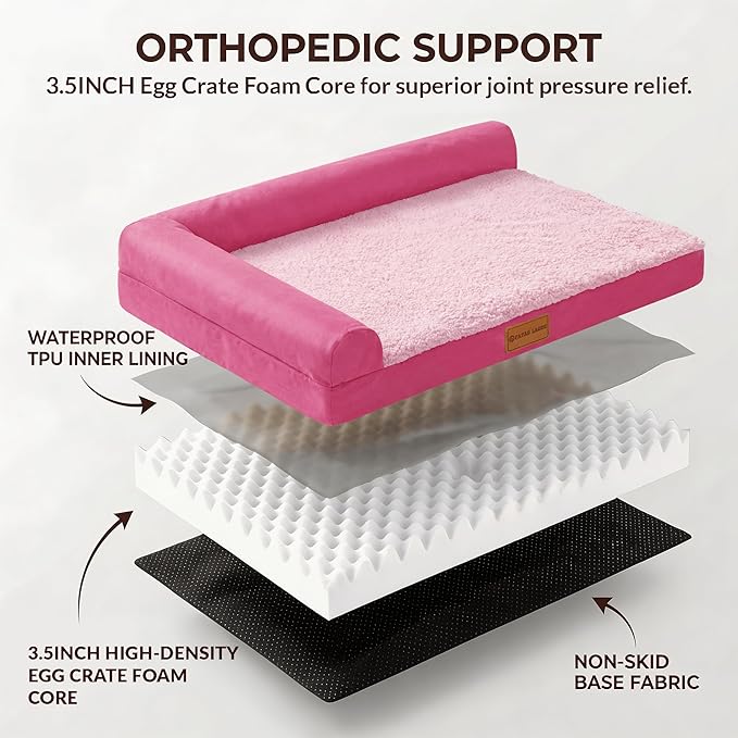 Patas Lague Orthopedic Dog Bed Medium Size Dog 30''X20'', Waterproof L Bolster Medium Pet Sofa Beds with Removable Washable Cover, Soft Pet Couch Crate Mat with Nonskid Bottom, Pink
