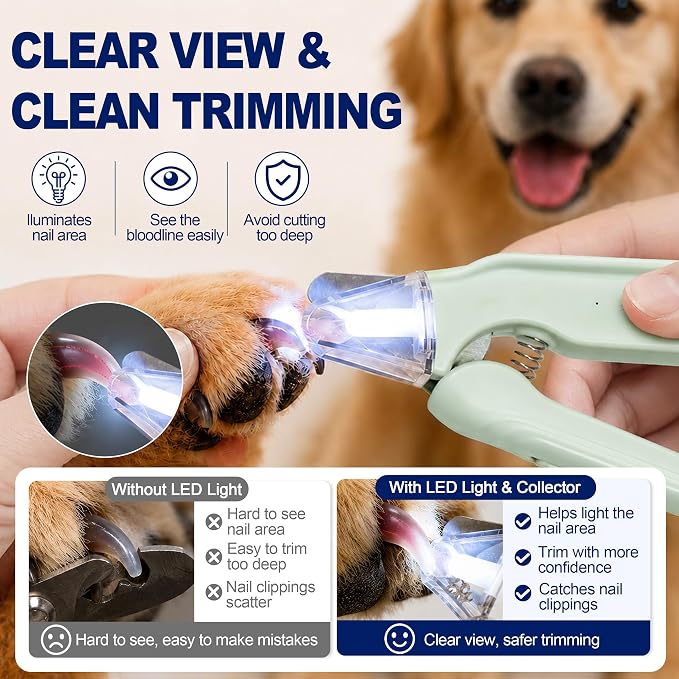 2-in-1 Dog Nail Clippers with Light - Electric Pet Nail Grinder Quiet for Small Large Dogs & Cats, LED Prevent Over Cutting, USB-C Rechargeable Safety Guard Grooming Kit for Black Nails, Green