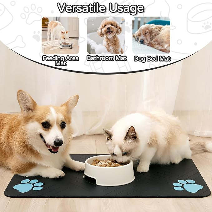 Pet Feeding Mat-Absorbent Dog Feeding Mat for Food and Water Bowl,No Stains Pet Placemat,Quick Drying Water Dispenser Mat for Dog and Cat,Easy to Clean Dog Accessories(M,Black Blue Paw)