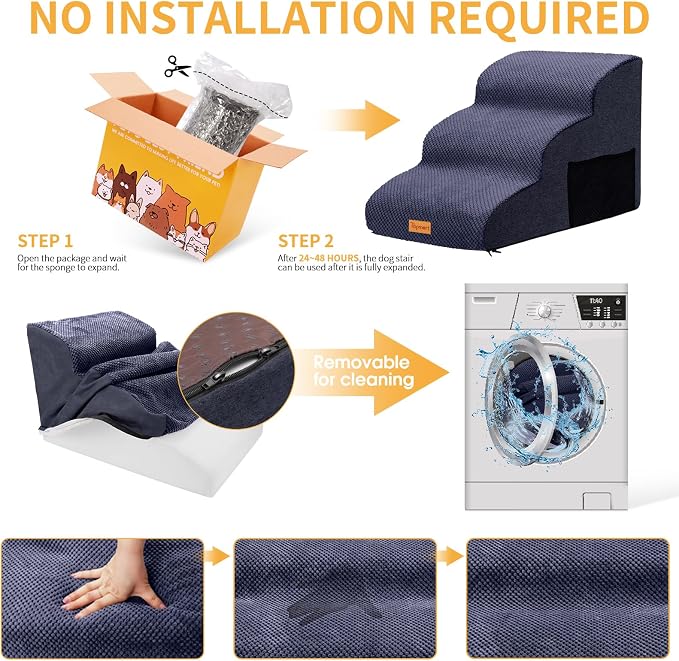 Topmart 3 Tiers Foam Dog Ramps/Steps,Non-Slip, Extra Wide Deep Dog Stairs,High Density Foam Pet Stairs/Ladder,Best for Older Cats,Small Pets,Blue