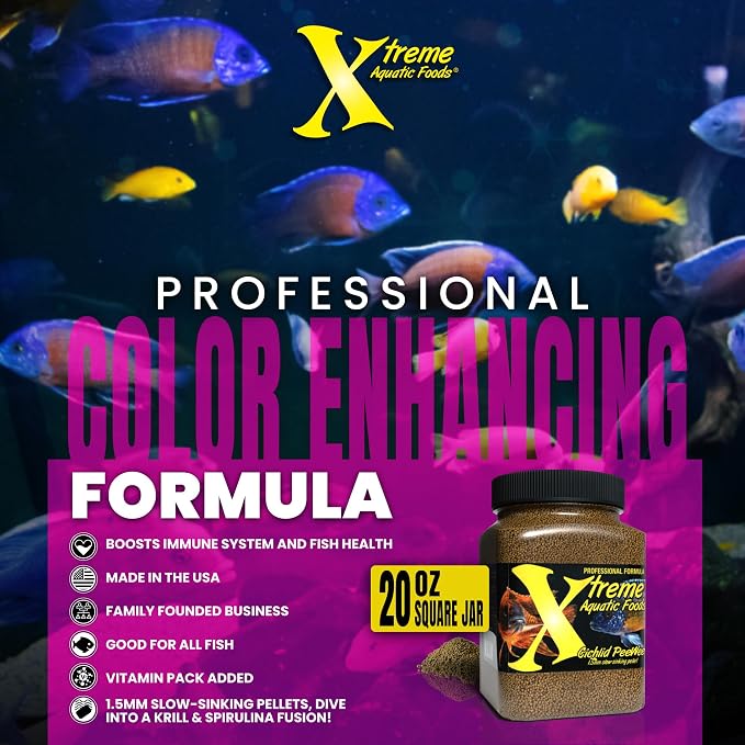 Xtreme Cichlid Peewee 1.5 mm Pellets - Proven Nutrition for Cichlids - Balanced Amino Acids, Boost Immune & Digestive Health, Color & Energy, Max Protein Freshwater Fish Food – USA Farm Grown (20oz)