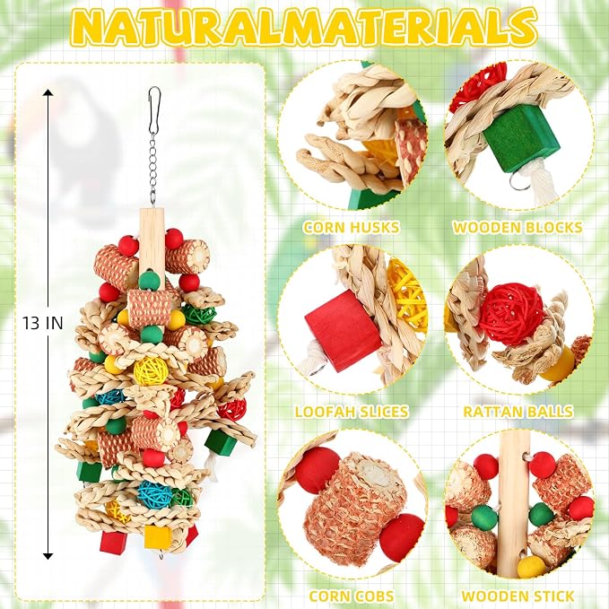 Soulchen 4 Pcs Extra Large Bird Parrot Toy Set Natural Wooden Chewing Toy, Rattan Ball, Wood Nut Loofah String (Bagged) for Large Macaws, African Grey, Amazon Parrots (Wooden Block)
