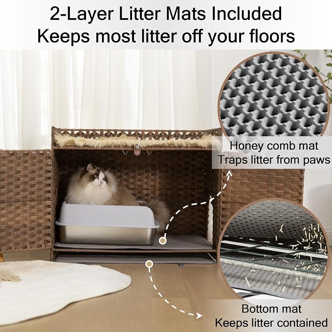 Furriends Cat Litter Box Enclosure with 2 Mats, Handwoven Rattan Hidden Litter Box Furniture Large 30.3”L x 18.2”W x 24.2”H, Double as Indoor Cat House or Side Table for Living Room Hallway, Brown