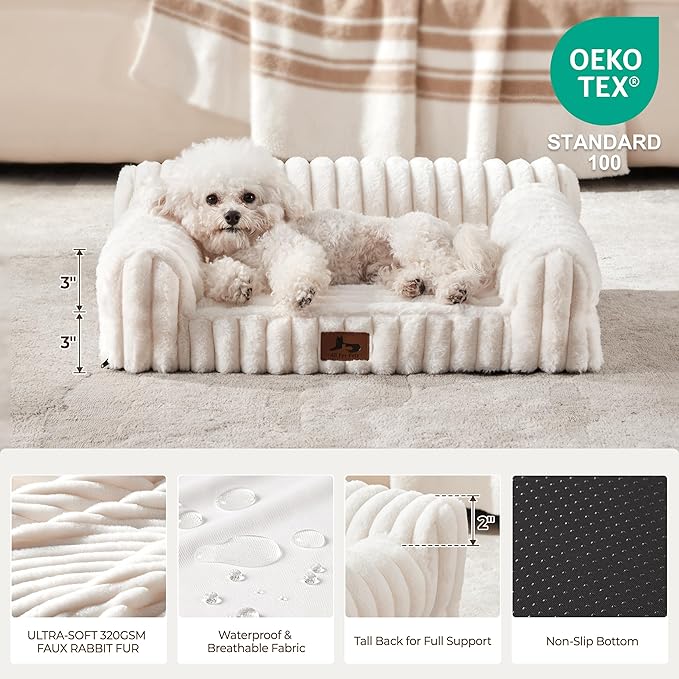 Orthopedic Dog Bed Small Pet Beds with Removable Washable Cover, Couch-Like Sofa Design for S to XXL Dogs Up to 15 lbs, with Soft Short Plush Surface & Foam, 24x18x8 Inch, Cream