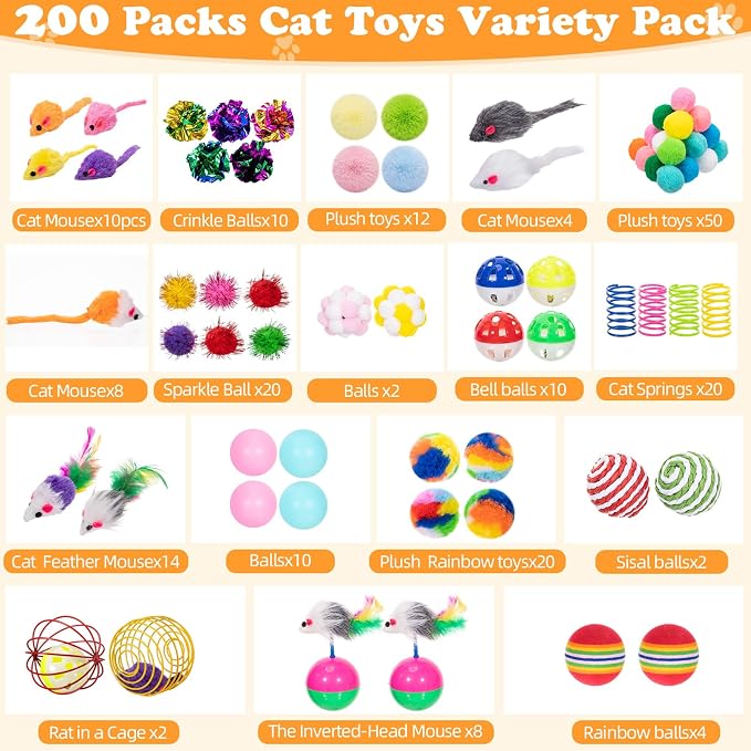 Leitee 200 Pcs Cat Toys Bulk, Interactive Kitten Toys Set for Indoor Cats with Colorful Springs Toy, Mouse Toy, Rainbow, Crinkle, Sparkle Balls, Pom Pom, Bell & Sisal Ball for Boredom Relief Exercise