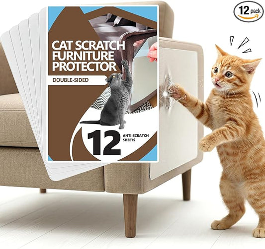 Cat Scratch Furniture Protector, 12-Pack Double-Sided Couch Protector from Cat Claws — Sticky Anti-Scratch Training Tape Sheets for Sofa, Door & Corner, Clear Cat Deterrent