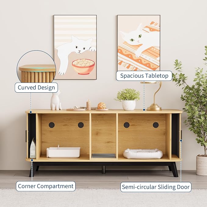 Garvee Cat Litter Box Enclosure for 2 Cats, 59" Hidden Litter Boxes Furniture with Sliding Door and Cat Litter Mat, Large Indoor Pet House, Wooden TV Stand Side Table, Natural Wood Color