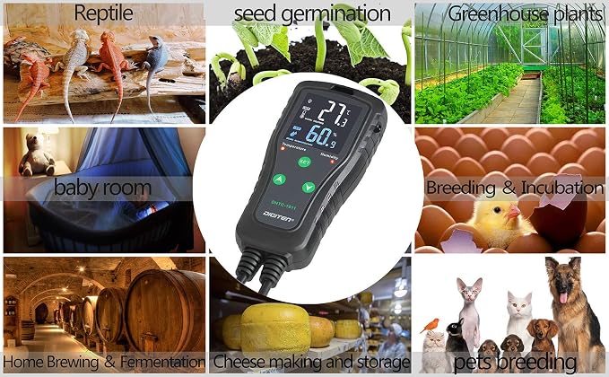 Temperature and Humidity ControllerPlug-in Thermostat Humidistat Reptile Greenhouse,Dual Stage Pre-Wired Outlet 110V 10A