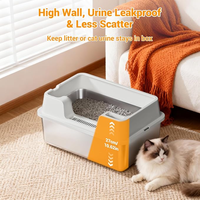 24.6 Inch Large Cat Litter Box, Semi-Enclosed Stainless Steel & PP Pan with High Sides for Anti-Leakage, Flip-Top Lid & Scoop Included for Large Cats-Gray