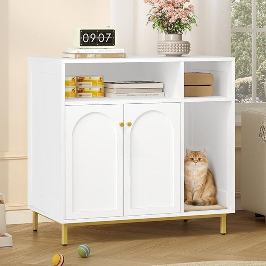 Hzuaneri Large Cat Litter Box Furniture, Hidden Litter Box Enclosure with Storage, Wooden Cats Cabinet with Sisal Mat, Modern Cat Washroom, End Table for Living Room Entryway, White and Gold CB87603G