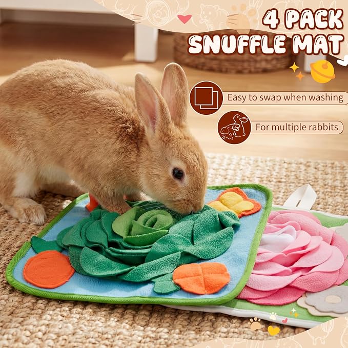 Yinkin 4 Pack Rabbit Foraging Snuffle Mat for Small Animals Puzzle Toys 13.8 x 13.8 Inches Funny Interactive Nosework Feeding Mat for Bunny Hamsters Guinea Pigs Ferrets Chinchillas (Classic Style)