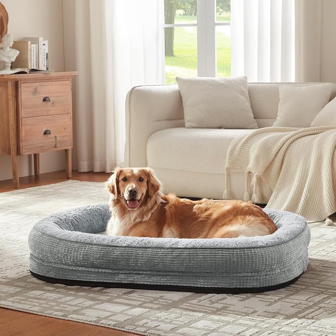 JOEJOY Orthopedic Dog Bed for Extra Large Dogs, Egg-Crate Memory Foam Pet Bed with Bolster Sides, Waterproof Lining, Removable Washable Cover & Non-Slip Bottom, Light Grey