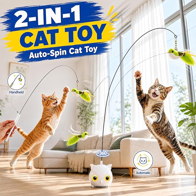 Interactive Cat Toys for Indoor Cats - Automatic Flying Bird Feather Toy with Sticky Suction Base, USB Rechargeable 360° Electric Cat Teaser, Touch Activated Self-Play Toy for Bored Cats