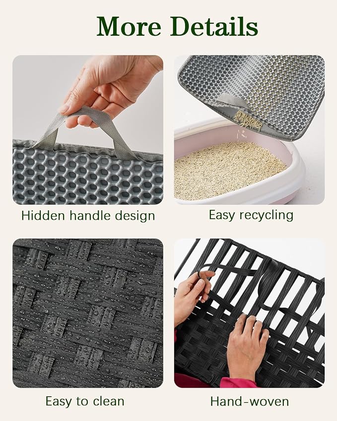 SETVSON Cat Litter Box Enclosure Furniture, Hidden Litter Box, Cat Litter Box Cabinet with 2 Litter Mats, Handwoven Rattan Large Space Cat House, Indoor for Living Room, Bedroom, Apartment Black