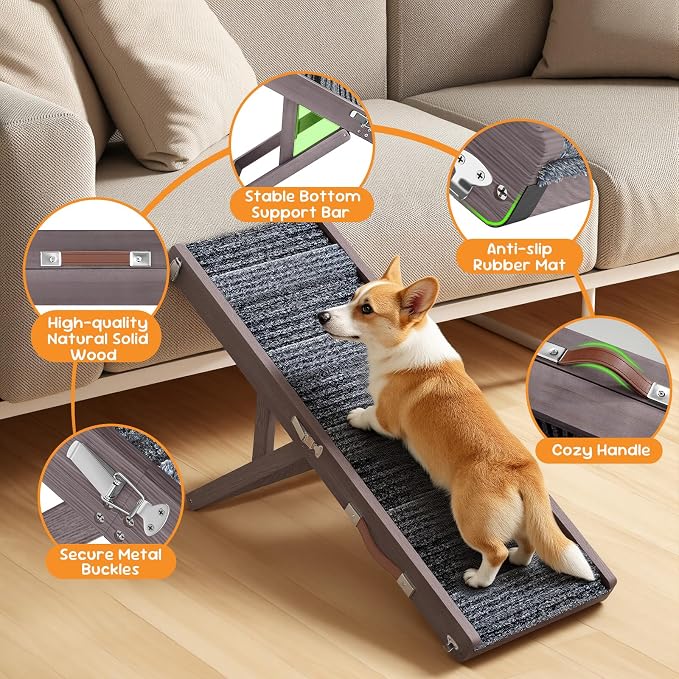 Pawaboo Foldable Dog Ramp, Small Dog Ramp for Couch, 4 Adjustable Height from 13'' to 21", Stable Pet Steps with Non-Slip Pad, Portable Pet Ramps Use for Couch Sofa Stairs, Grey Purple