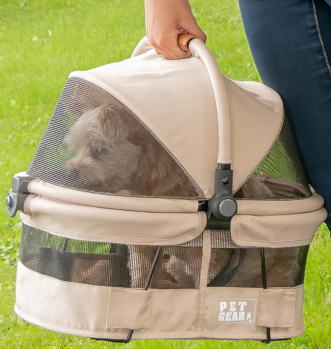 Pet Gear No-Zip View 360 Ultra Lite Pet Carrier & Car Seat, Wheat | Push Button Entry, 15", For Small Dogs & Cats, Safety Carrier