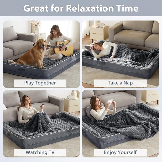 WNPETHOME Human Dog Bed for People Adults, Washable Faux Fur Nap Bed Adult Oval for People, Calming Human Size Giant Dog Bed Fits Pet Families with Storage Pocket Grey
