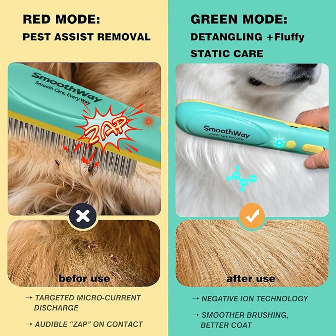 Professional 3-Row Tick & Flea Comb for Dogs & Cats - Stainless Steel Teeth with Negative Ion Anti-Static | Detangling Grooming Tool for Poodles, Shih Tzus & Long Haired Pets (One Size)