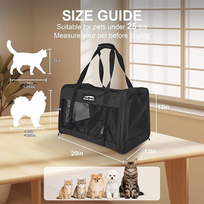 Soft Sided Cat Carrier for Large Cats, Pet Carrier for 2 Cats or Small Dogs Up to 25Lbs, Large Cat Carrier with Shoulder Strap, Cat Car Carrier with Safety Rope, Cat Carriers 20x13x13 inches, Black