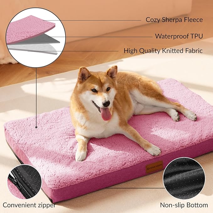 Patas Lague Orthopedic XL Dog Bed Large Sized Dog 48''X30'', Soft Waterproof Egg Crate Foam Large Pet Crate Beds Mat with Removable Washable Cover and Non-Slip Bottom, Pink