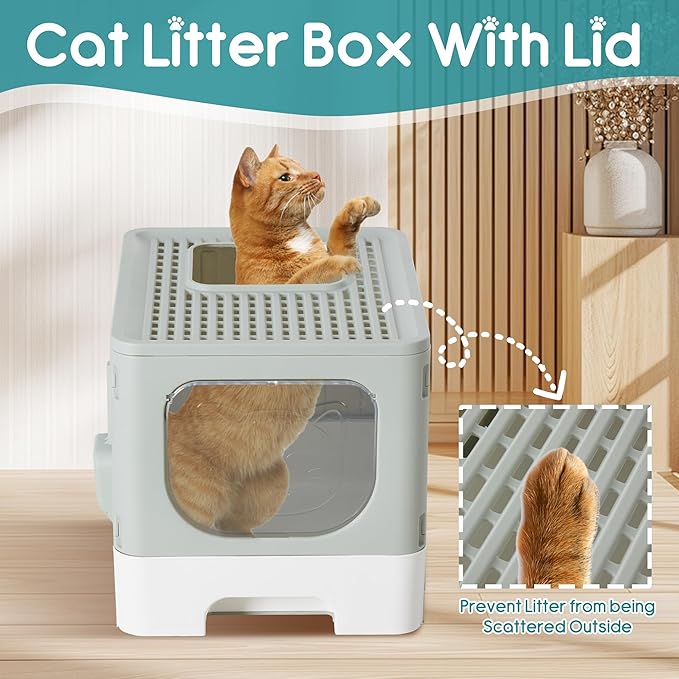 OLIXIS Cat Litter Box with Lid, Large Foldable Cat Box with Scoop, Front Entry Top Exit Kitty Litter Boxs with Door, Easy Cleaning Drawer Design Odor Control, Grey