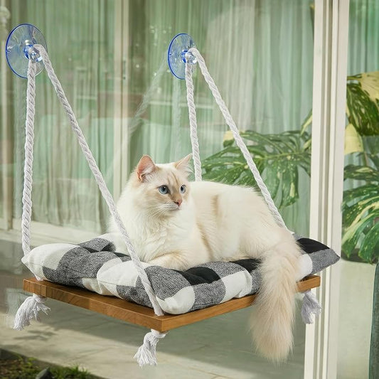 Cat Window Perch, Indoor Hammock Bed with Solid Pine Wood, 4 Industrial-Grade Suction Cups, Window Hammock with Soft Cushion for Cats, Space Saving Design