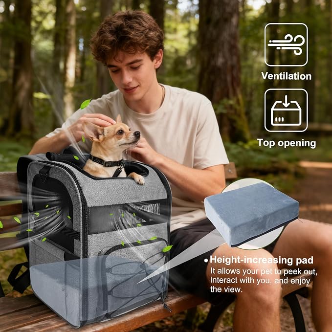 Dog Carrier Backpack for Small Dogs - Breathable Mesh Hiking Bag with Safety Buckle, Adjustable Straps and Standard Pad - Durable for Hiking (Fits Small Cats Too, Up to 17lbs, Gray)