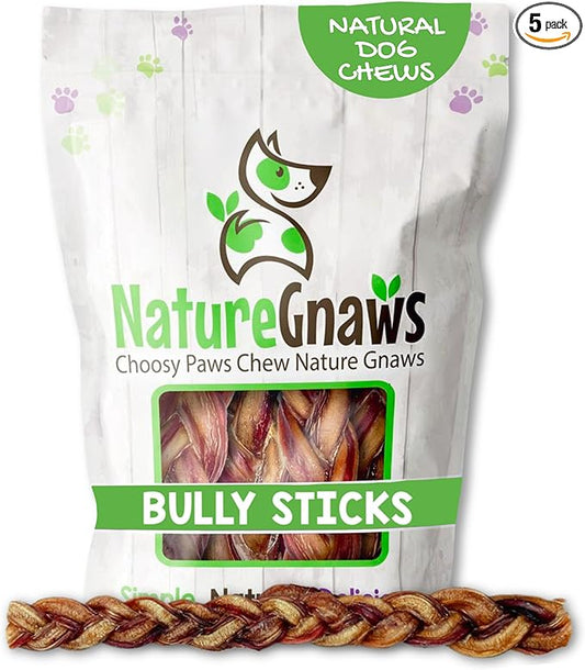 Nature Gnaws Braided Bully Sticks for Dogs 11-12" (5 Count) - Long Lasting for Aggressive Chewers and Large Dogs - Natural Beef Dog Chew Bones