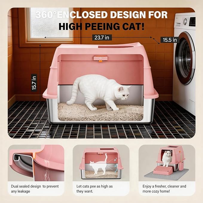 Stainless Steel Litter Box with Lid, Extra Large Enclosed Cat Litter Pan for Big Cats, High Sided Metal Litter Box with Enclosure, Front & Top Entry, Easy Clean, Anti-Leakage, Includes Scoop, Pink