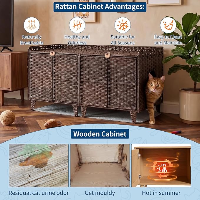 Garvee Handwoven Rattan Cat Litter Box Enclosure Furniture, Hidden Cat Washroom Cabinet with Door and Mat, Spacious Pet House with s-Hooks, for Living Room and Bedroom