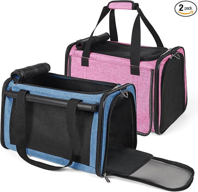 YUDODO 2 Packs 25 lbs Lightproof Soft Sided Pet Carrier for Large Cat & Small Dog Airline Approved Travel Bag Puppy Carriers with Side Pockets & Reflective Mesh, Foldable Portable Pink+Lake Blue