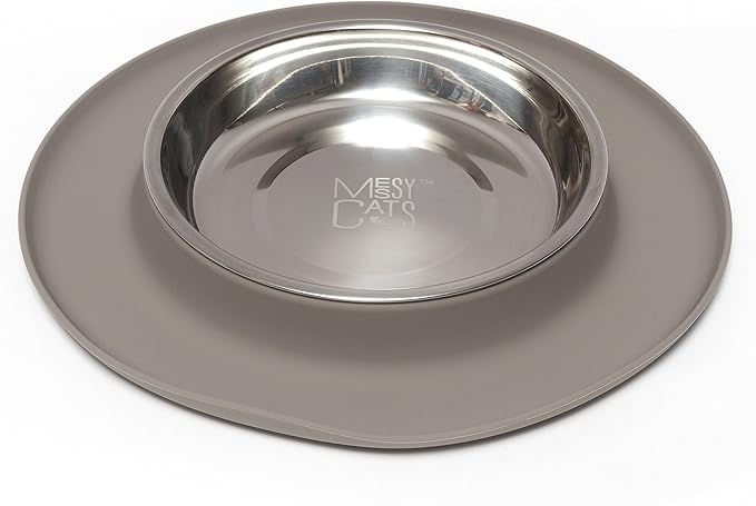 Messy Cats Single Silicone Feeder with Stainless Saucer Shaped Bowl | Anti-Slip Non-Skid Cat Food Bowl | One Cat Bowl in Feeding/Water Station | 1.75 Cups (Grey)