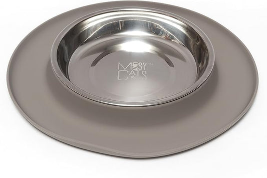 Messy Cats Single Silicone Feeder with Stainless Saucer Shaped Bowl | Anti-Slip Non-Skid Cat Food Bowl | One Cat Bowl in Feeding/Water Station | 1.75 Cups (Grey)