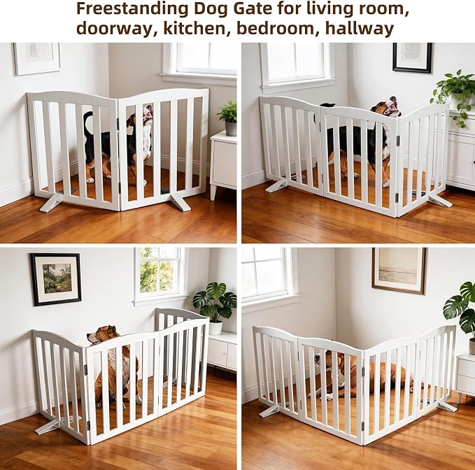 ZJSF Foldable Freestanding Indoor Dog Gate for House Wood White Long Pet Gates Dog Fence for Stairs Puppy Gates for Hallways,Pet Fence, Puppy Gate,Support Feet Included 24 "Height-2 Panels