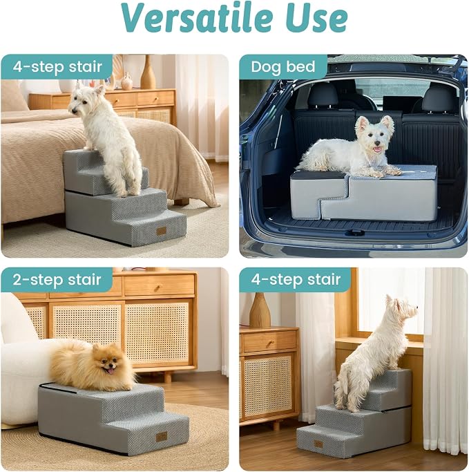 COZY KISS Dog Stairs for Small Dogs, 4 Tier Removable Pet Stairs for Couch and Bed, 17.7" H Dog Steps for Old Cats, Puppy, Small Dogs, 15.7x23.6x17.7 inch, Gray