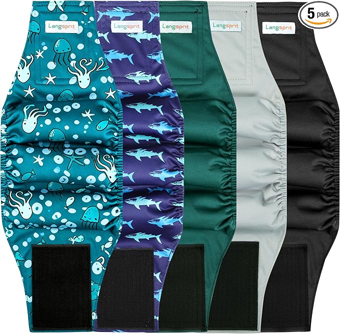 Langsprit Small Male Dog Diapers for Doggie Puppy,Reusable Belly Bands for Male Dogs Wraps,Washable Doggy Dog Diapers Medium Large in Incontinence 5 Pack (Brown, Green, Grey, X-Large)