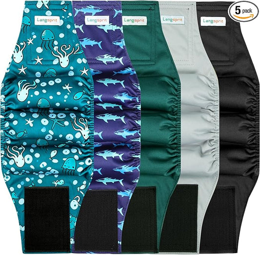 Langsprit Small Male Dog Diapers for Doggie Puppy,Reusable Belly Bands for Male Dogs Wraps,Washable Doggy Dog Diapers Medium Large in Incontinence 5 Pack (Brown, Green, Grey, Large)