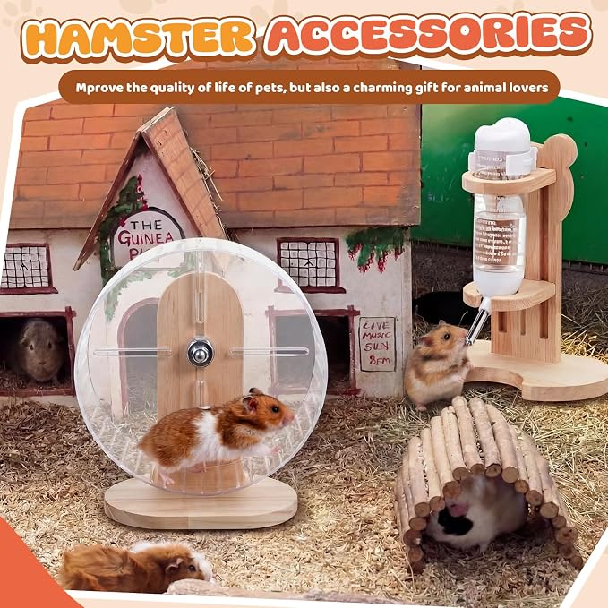 Silent Transparent Hamster Wheel with Cork Lining, 9.5 Inch Quiet Exercise Wheel for Dwarf Syrian Hamsters, Gerbils, Stable Small Animal Spinner Cage Accessories with Water Bottle Stand(M)