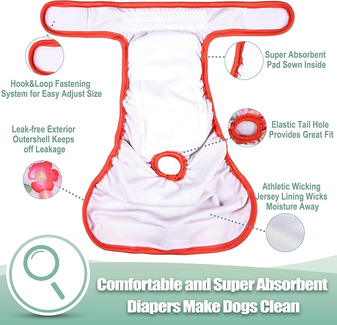 wegreeco Female Dog Diapers, Washable Reusable Pet Puppy Doggie Diapers for Small Medium Large Female Dogs in Heat Period, Doggy Period Panties, 5 Pack, X-Large, Blossoms